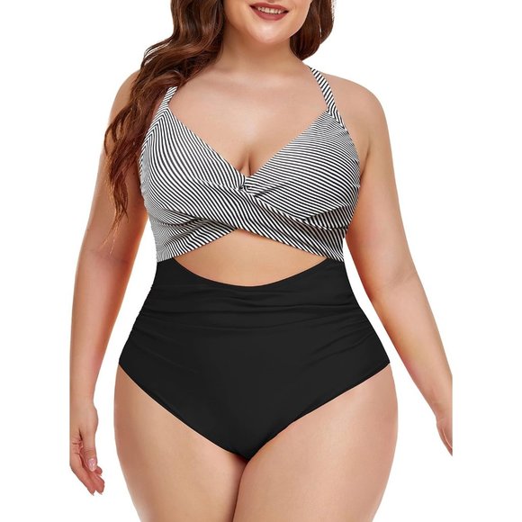 Women's One Piece Tummy Control Cutout High Waisted Wrap Tie Back Swimsuit - Picture 4 of 6